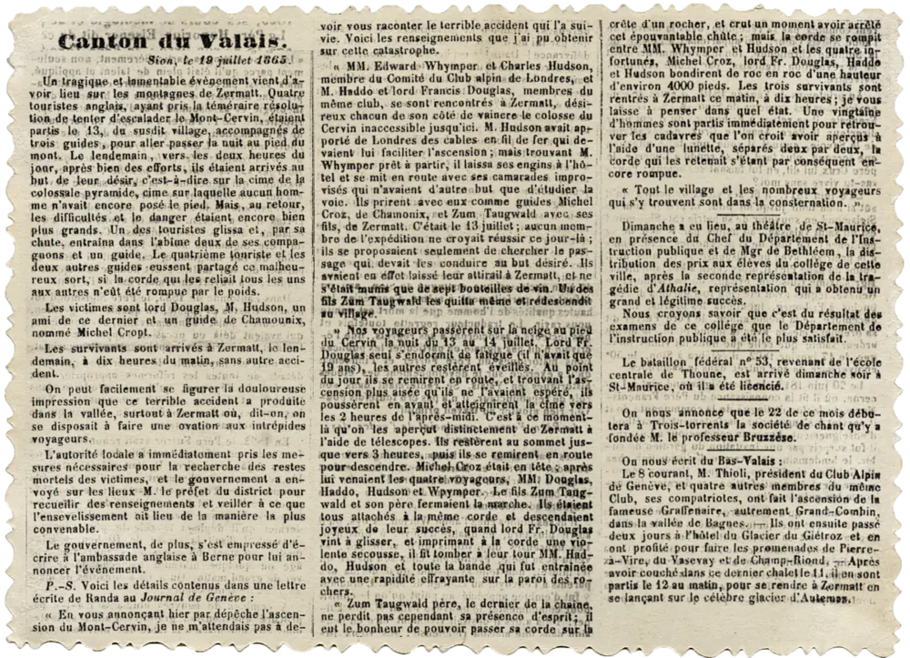 Coupure de presse de la Gazette du Valais, 20 Juillet 1865