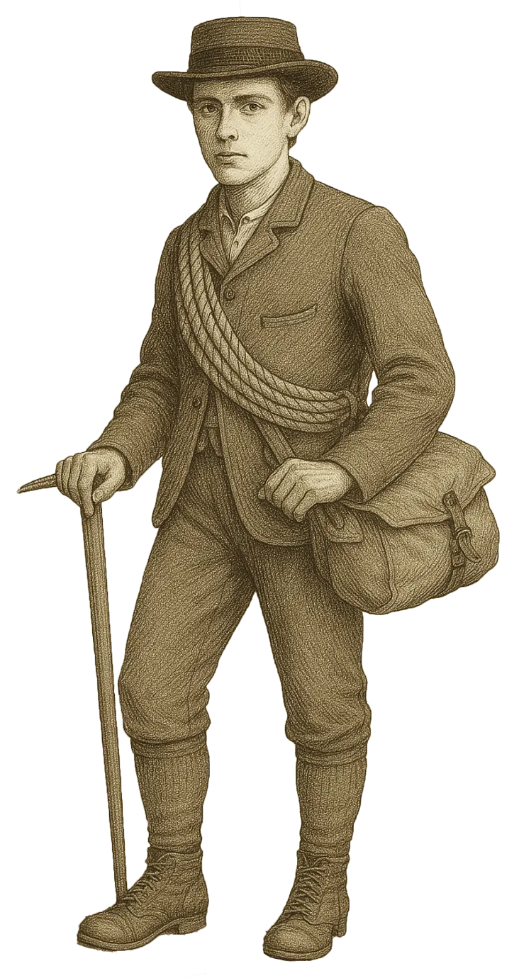 Illustration d'un alpiniste de l'âge d'or de l'alpiniste avec son équipement